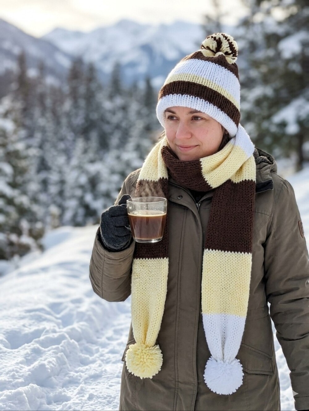 Striped Pom-Pom Knit Hat in Brown, Cream & White